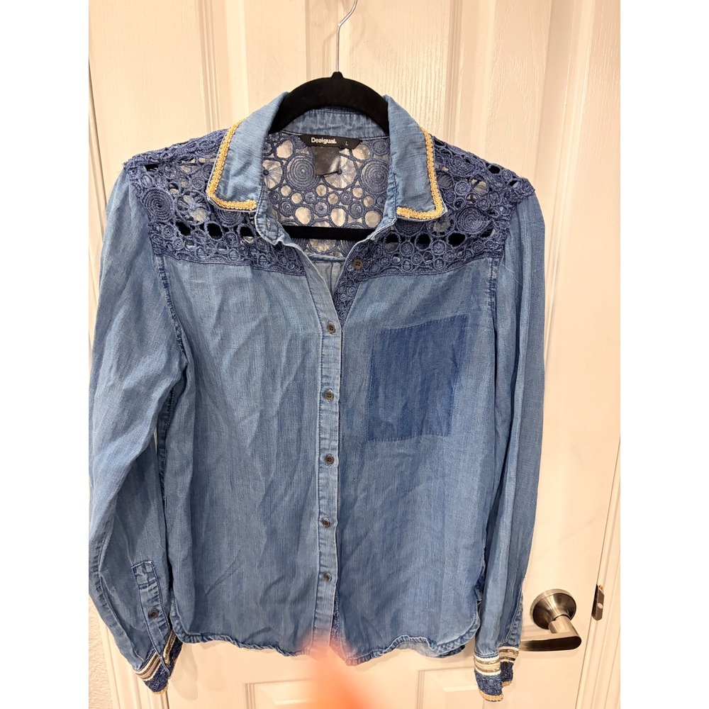 Desigual Denim Shirt Blue Crochet Lace Boho Embroidered Button Down 17WWCDWA